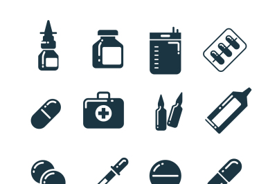 Medication pharmacology pills&2C; tablets&2C; medicine bottles vector icons