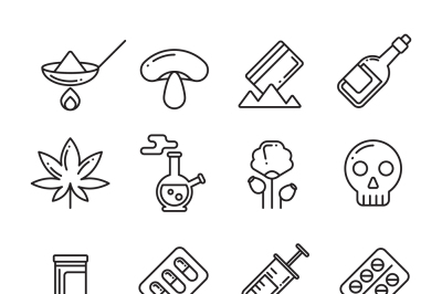 Drugs, heroin, alcohol, smoking addiction thin line vector icons