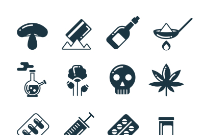 Drugs, alcohol, pills, tablet, narcotic abuse vector icons