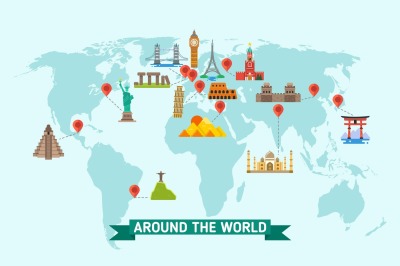 Travel landmarks on world map vector illustration