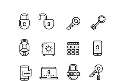 Key, lock, padlock, safe, door, security thin line vector icons