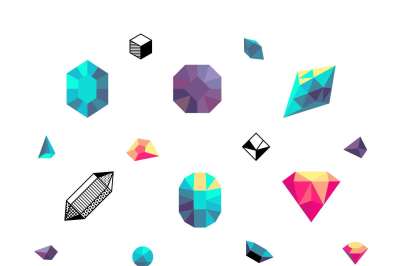 Color crystals, diamond shapes, polygon stones vector set