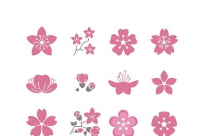 Cherry pink flower, spring sakura blossom vector icon set