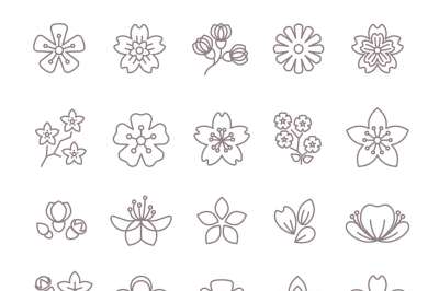 Spring flower thin line vector icons set