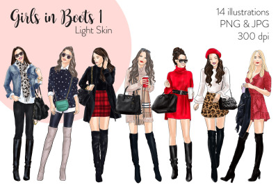 Watercolor Fashion Clipart - Girls in Boots 1 - Light Skin