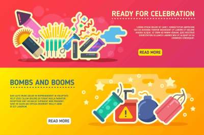 Holiday fire, crackers show set of vector business banners