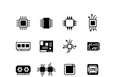 Computer electronic chips, motherboard, hardware processor vector icon