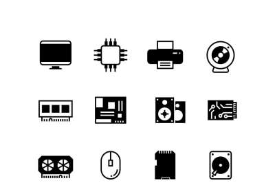 Computer hardware, hdd memory, ram, microchip, cpu vector icons