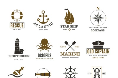 Vintage nautical, marine sailing, sea vessel vector labels, badges, lo