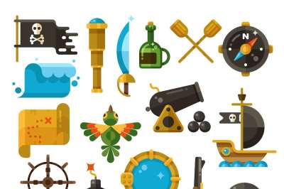 Sea adventure, pirate, weapon, treasure vector flat icons