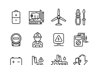 Electricity industry, electrical engineering vector line icons