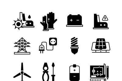 Electric power plant, electricity, electronic tools vector icons