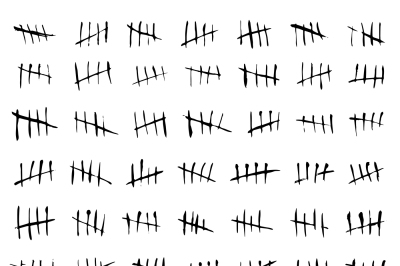 Tally marks, counting waiting number isolated on white wall