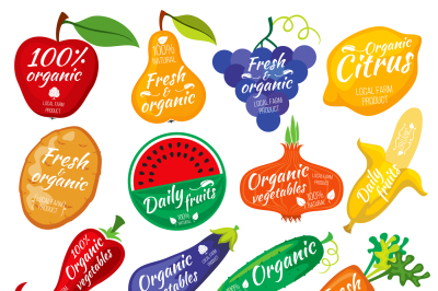 Fruit and vegetables color silhouettes&2C; logo for food store packaging