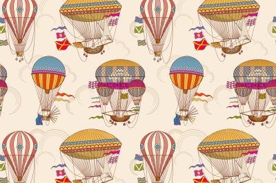 Retro air hot balloons seamless childrens vector background