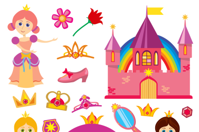 Cute fairytale princess, pink carriage, crown, castle, cartoon little 