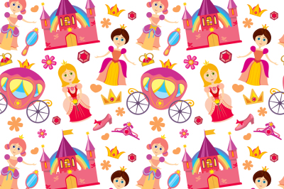 Beautiful princess vector seamless pattern, magic background for girls