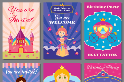 Child girl birthday&2C; princess party vector invitations set