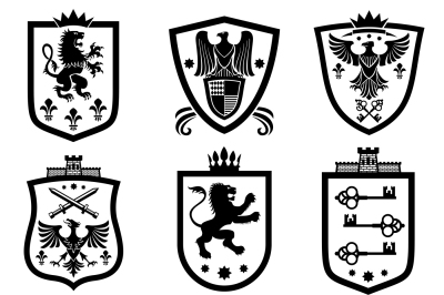 Royal shields, nobility heraldry coat of arms vector set