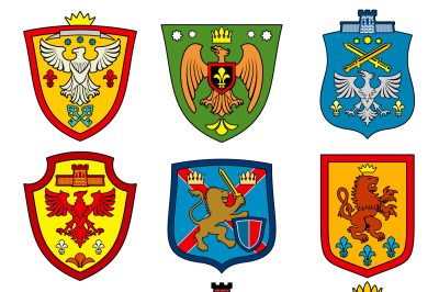 Family dynasty medieval royal coat of arms on shield vector set