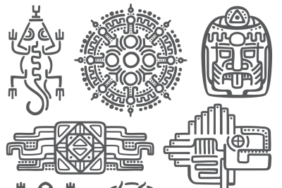 Ancient mexican vector mythology symbols. american aztec, mayan cultur