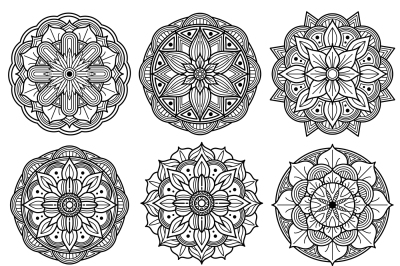 Yoga medallions, meditation mandalas, arabesque pattern vector set