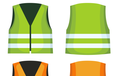 Safety road vest, waistcoat with reflective stripes vector set