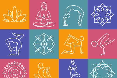 Yoga, body poses vector symbols for pilates studio, meditation class