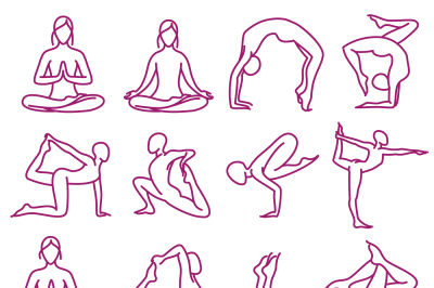 Yoga poses vector silhouettes, pilates fitness female exercises set