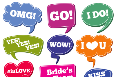 Weddings phrases in speech bubbles vector photo props set