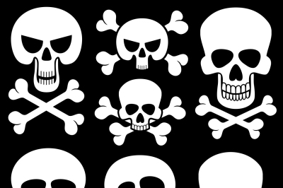 Piracy skull and crossbones vector icons. Death, scary symbols