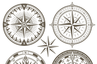 Old sailing marine navigation compass, wind rose vector icons
