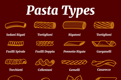 Traditional italian pasta list with names vector set