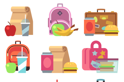 School lunch food boxes and kids bags vector flat icons