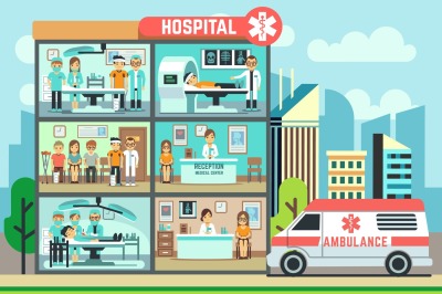 Hospital&2C; medical clinic building&2C; ambulance with patients and doctors