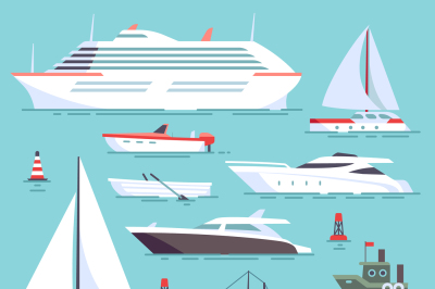 Ships at sea, shipping boats, ocean transport vector icons set