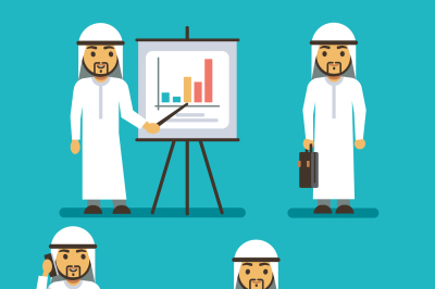 Arab man vector character in different business situations