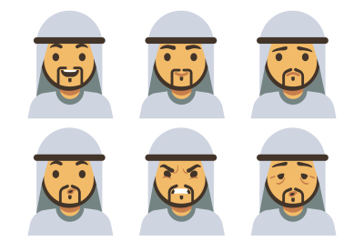 Traditional arab man emotion faces including smiling, sad, winking, la