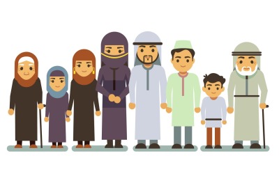 Arab happy smiling family vector characters. Islamic parents, saudi ma