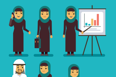 Arab businesswoman vector characters set. Saudi, iranian women at work