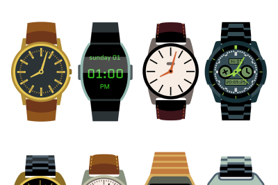 Man wrist watch flat vector set