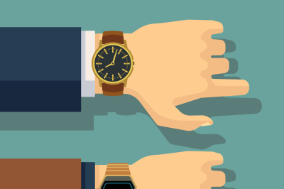 Businessmans hand with wrist watch. Save time, punctuality vector conc