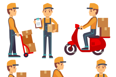 Delivery service man with boxes vector characters set