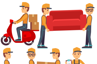 Man carrying boxes, delivery service people vector set