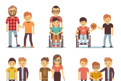 Disabled people and friends helping them vector set