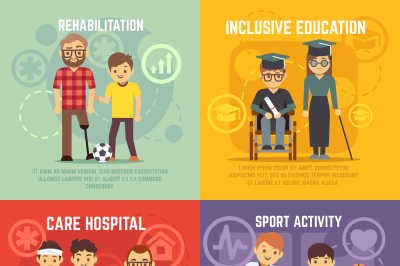 Disabled person care vector flat concepts set