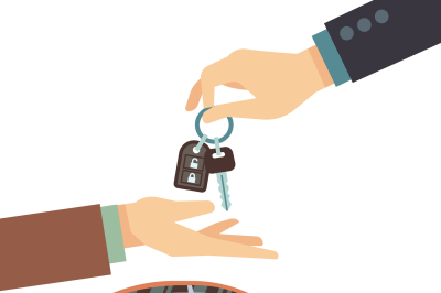 Car seller hand giving key to buyer. Buying or renting business vector