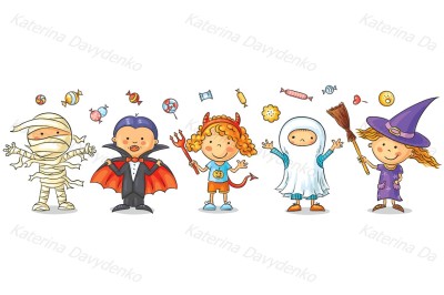 Set of colorful kids in Halloween costumes
