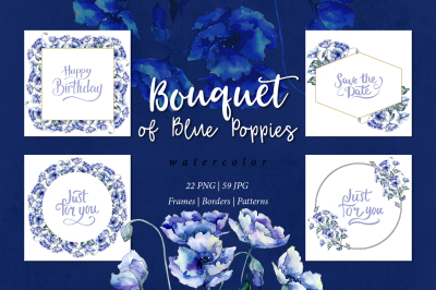 Bouquet of blue poppies PNG watercolor set