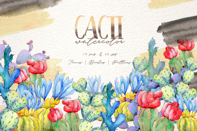 Cool colorful cacti PNG watercolor set